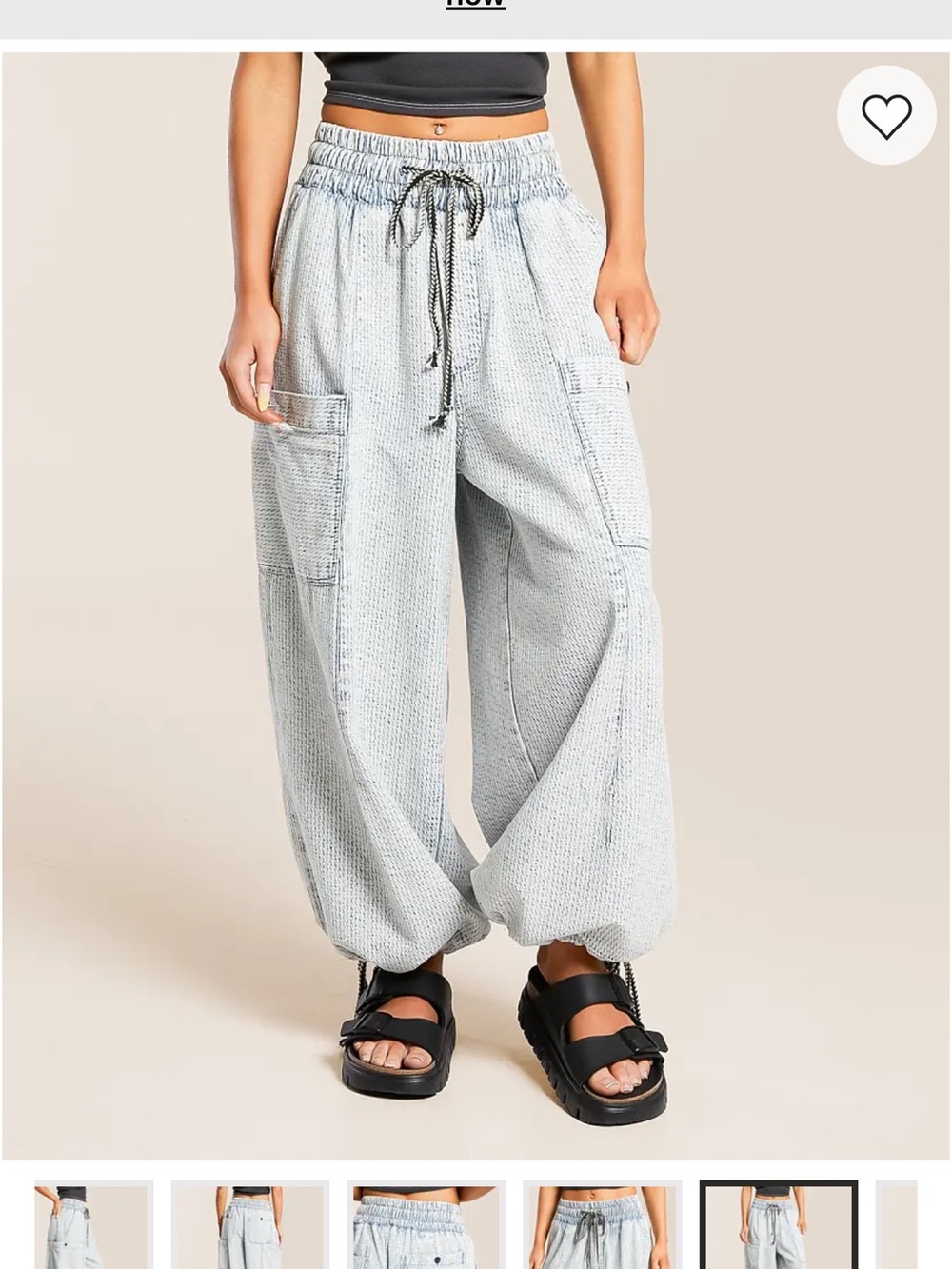 Buckle Light Gray Wide-Leg Drawstring Cargo Pants